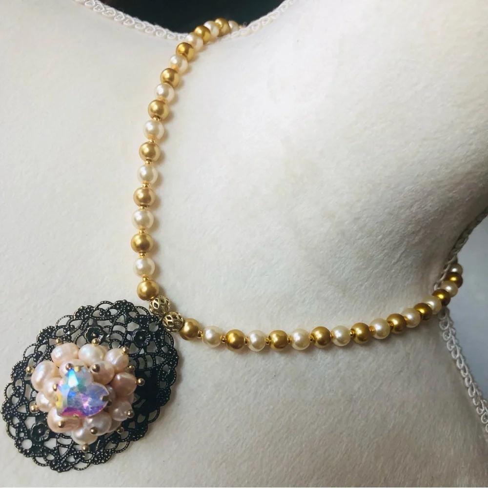 Handcrafted repurpose pearl cluster filigree pendant Czech glass Pearl necklace